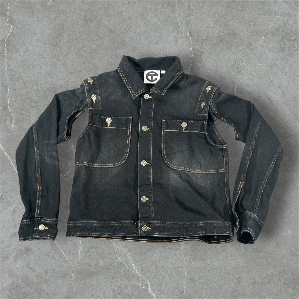 Telfar Denim Jacket Women Small Black Deconstructed Cutout Sleeve Detachable